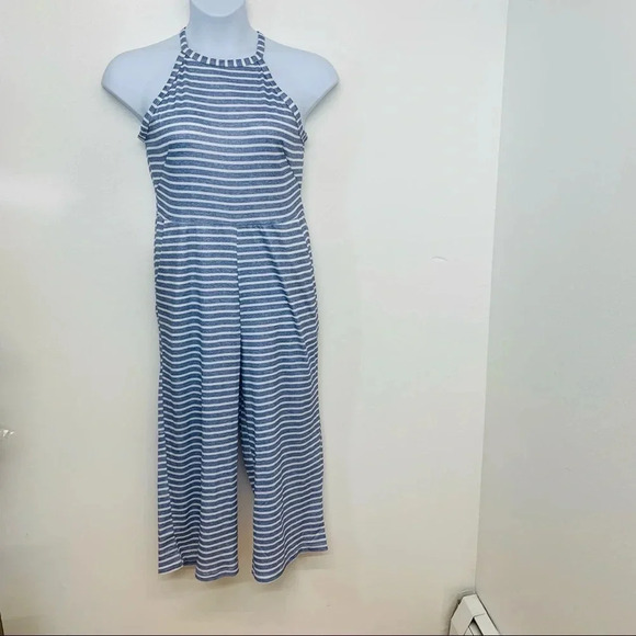 Jumpsuit Woman Small Crop Blue White Stripe Sleeveless Zip Pickets ‎ Stretch - Picture 1 of 10